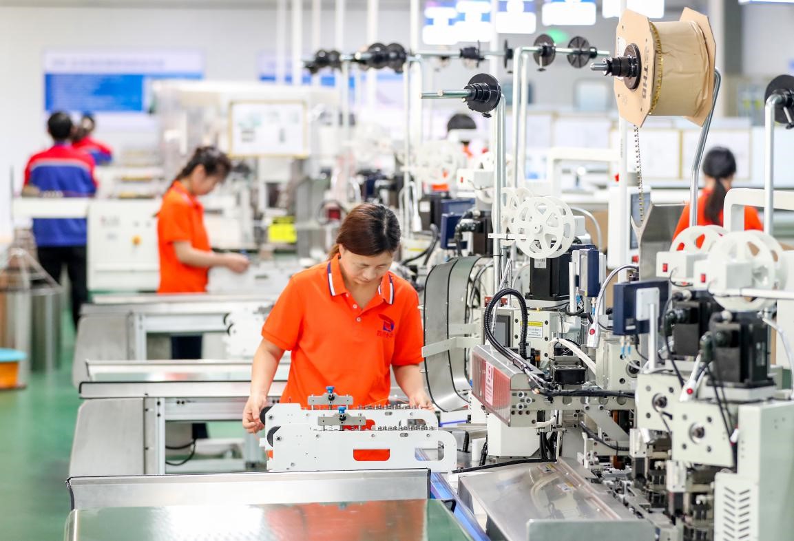 18 اپریل 2025 ۔ صوبہ سیچوان کی ہوا ینگ شان اکنامک ڈویلپمنٹ زون میں ایک نجی الیکٹرانک انٹرپرائز کی وائرنگ ہارنس ورکشاپ کے ملازمین ایک انٹیلی جنٹ پرڈکشن لائن پر کام کر رہے ہیں۔ (چیو حائی ینگ)