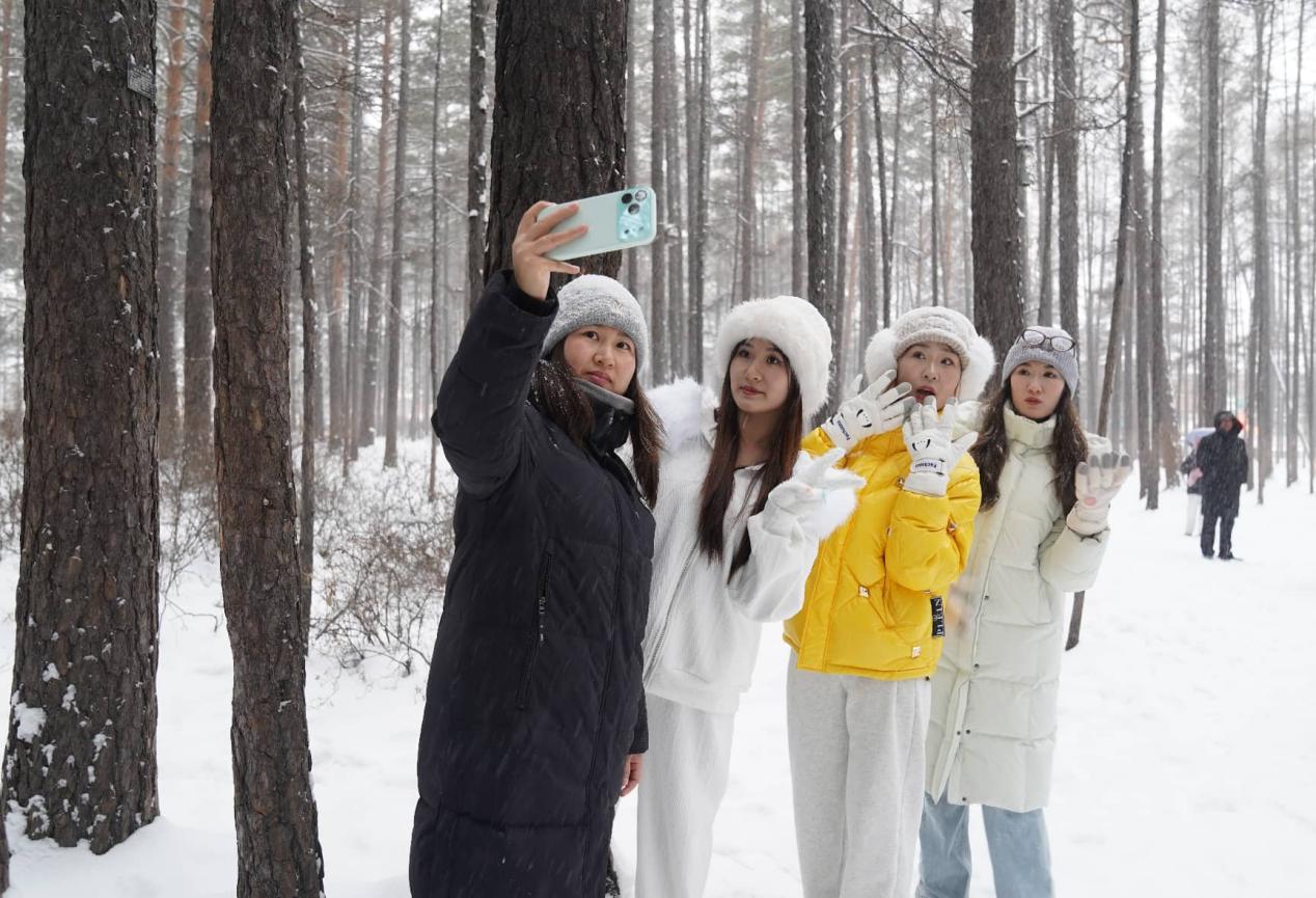 12 نومبر 2025۔ شمال مشرقی چین کے صوبے ہیلونگ جیانگ کے شہر موحہ میں سیاح ایک پارک میں تصویر کشی کرتے ہوئے۔ (تصویر: لیانگ جی چھیانگ)