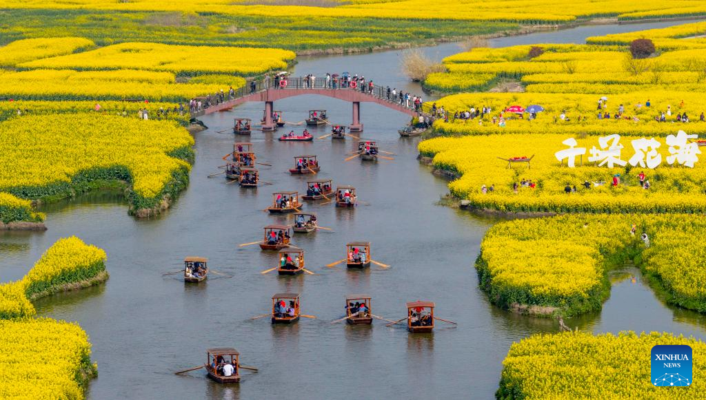 28 مارچ 2026۔ مشرقی چین کے صوبے جیانگ سو میں شنگ ہوا کے ایک خوبصورت مقام پر موسم بہار سے لطف اندوز ہوتے سیاحوں کا ایک فضائی منظر۔ (جو شی گن/شِنہوا)